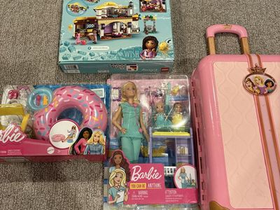 Assorted Toys Bundle - Barbie Doctor Playset, LEGO Disney Wish Set, Barbie Pool Float, and Princess Suitcase