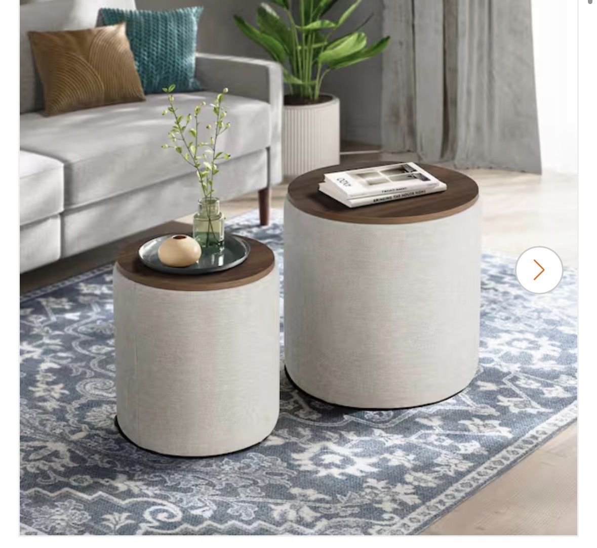 Beige Linen Round Nesting 2-Piece Storage Ottoman