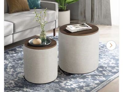 Beige Linen Round Nesting 2-Piece Storage Ottoman