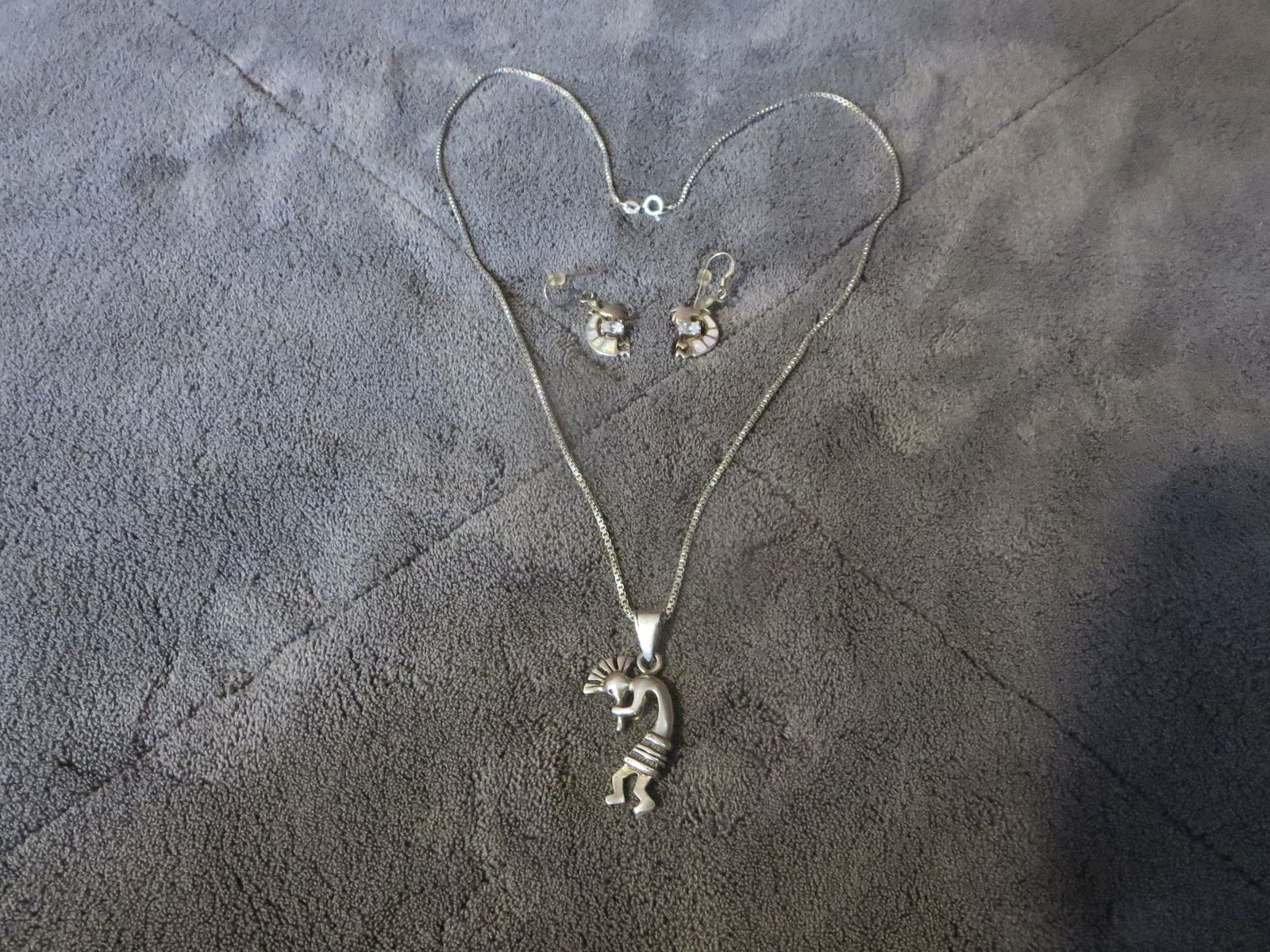 Sterling Silver Kokopelli Pendant Necklace & Matching Opal Inlay Earrings Set