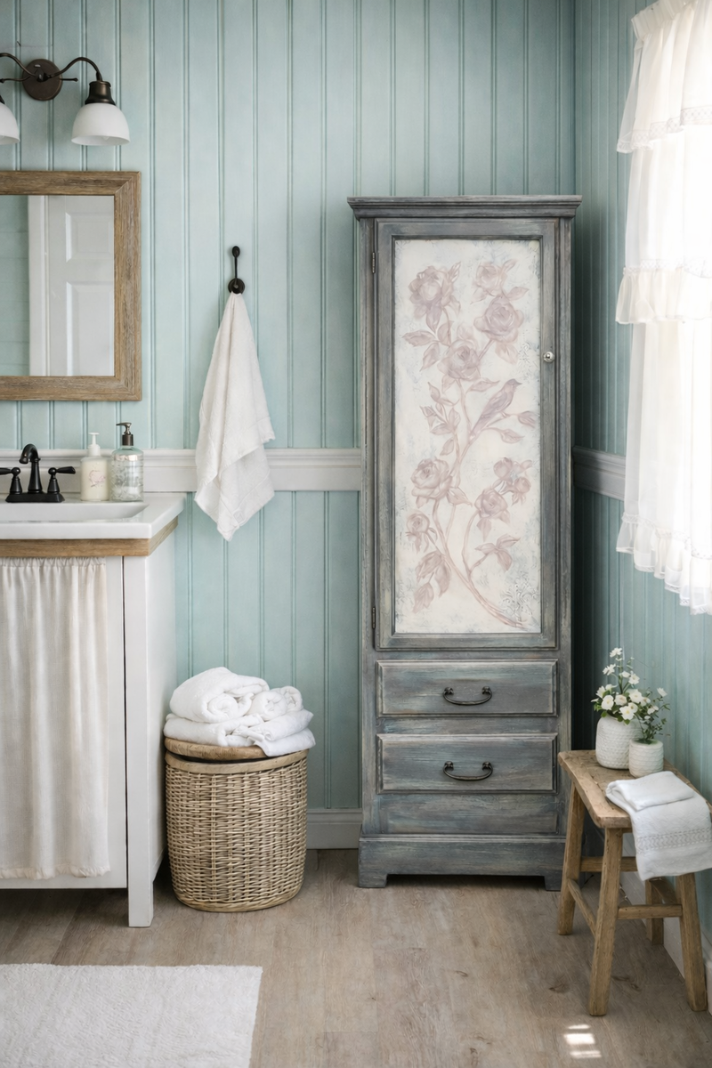 Handpainted French Linen Pantry Cottagecore Cabinet Vintage Shelves Drawers Storage Cupboard French Farmhouse Shabby Chic