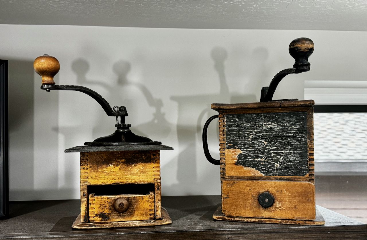 Antique Coffee Grinders - Side-Crank with 'Alligator' Patina & Vintage Box Style with Cast Iron Top