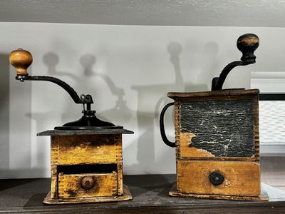 Antique Coffee Grinders - Side-Crank with 'Alligator' Patina & Vintage Box Style with Cast Iron Top