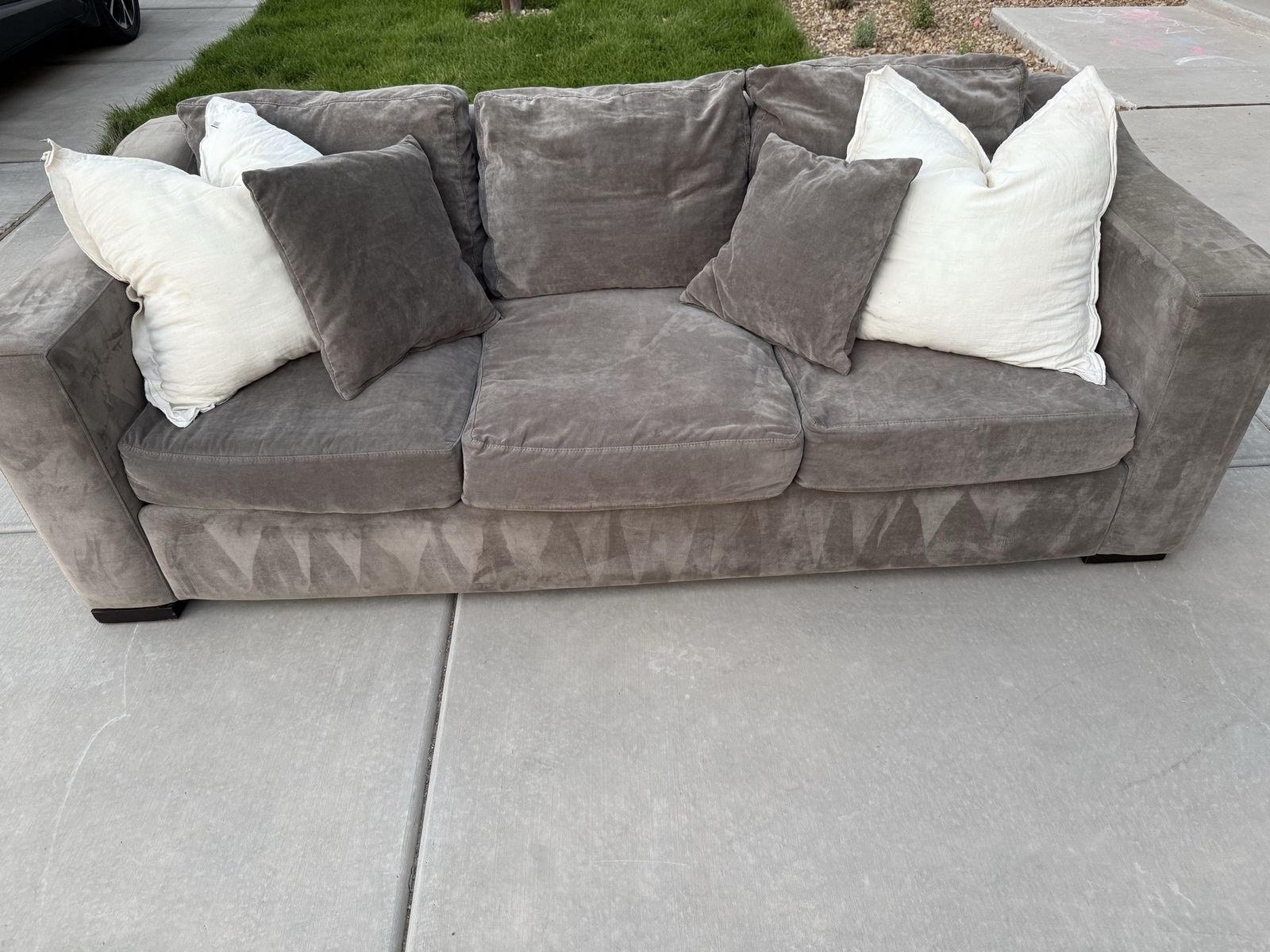 Modern Grey Velvet 3-Cushion Sofa with Accent Pillows (free delivery)