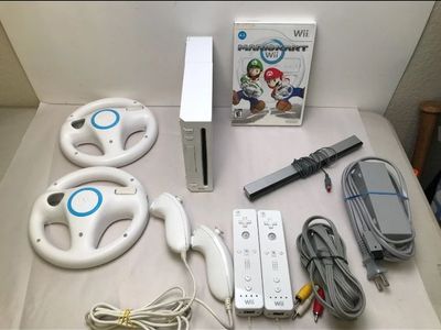 Nintendo Wii Console Bundle with Mario Kart Wii Game, 2 Wheels, 2 Remotes, and Nunchucks