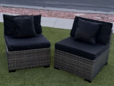 Set of 2 Gray Wicker Outdoor Patio Chairs with Black Cushions