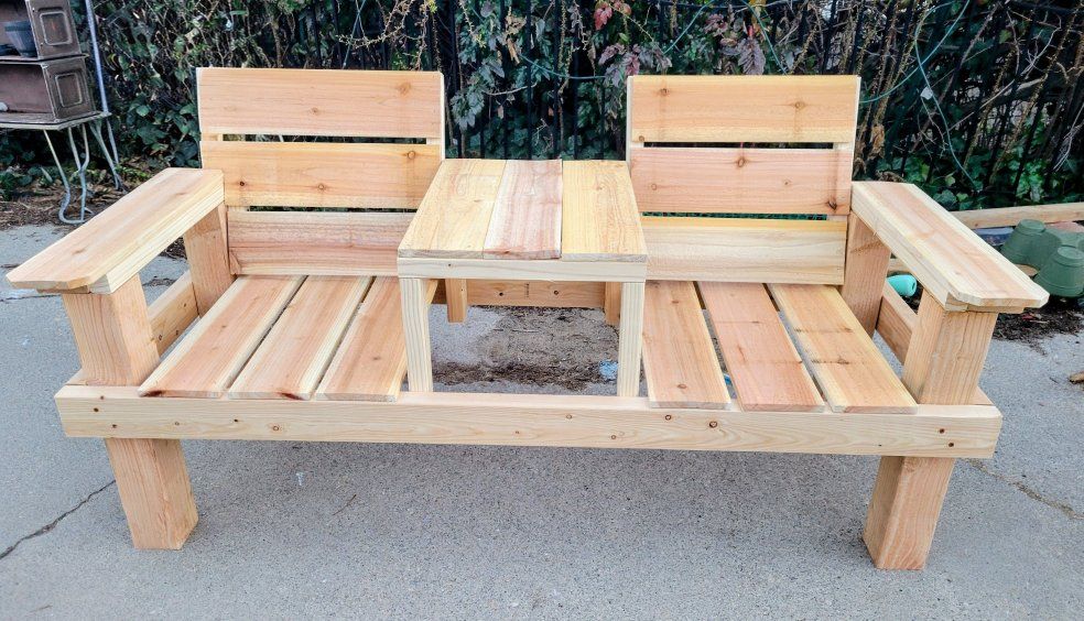 Outdoor wood bench seating with table