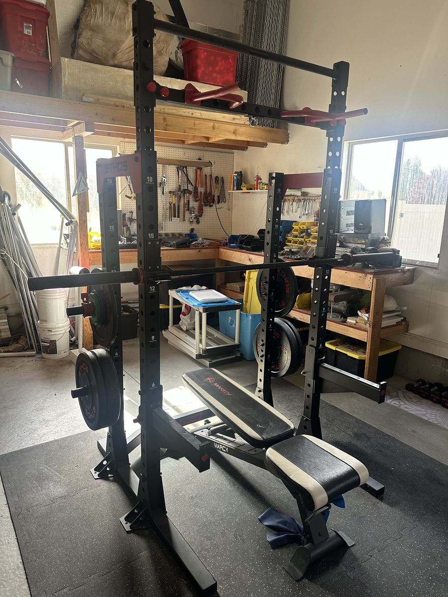 ETHOS Power Rack and Marcy Weight Bench, Weight Plates & Dumbbells Included