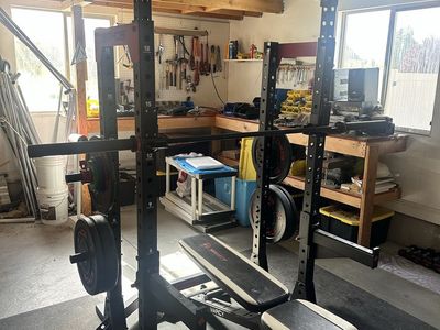 ETHOS Power Rack and Marcy Weight Bench, Weight Plates & Dumbbells Included