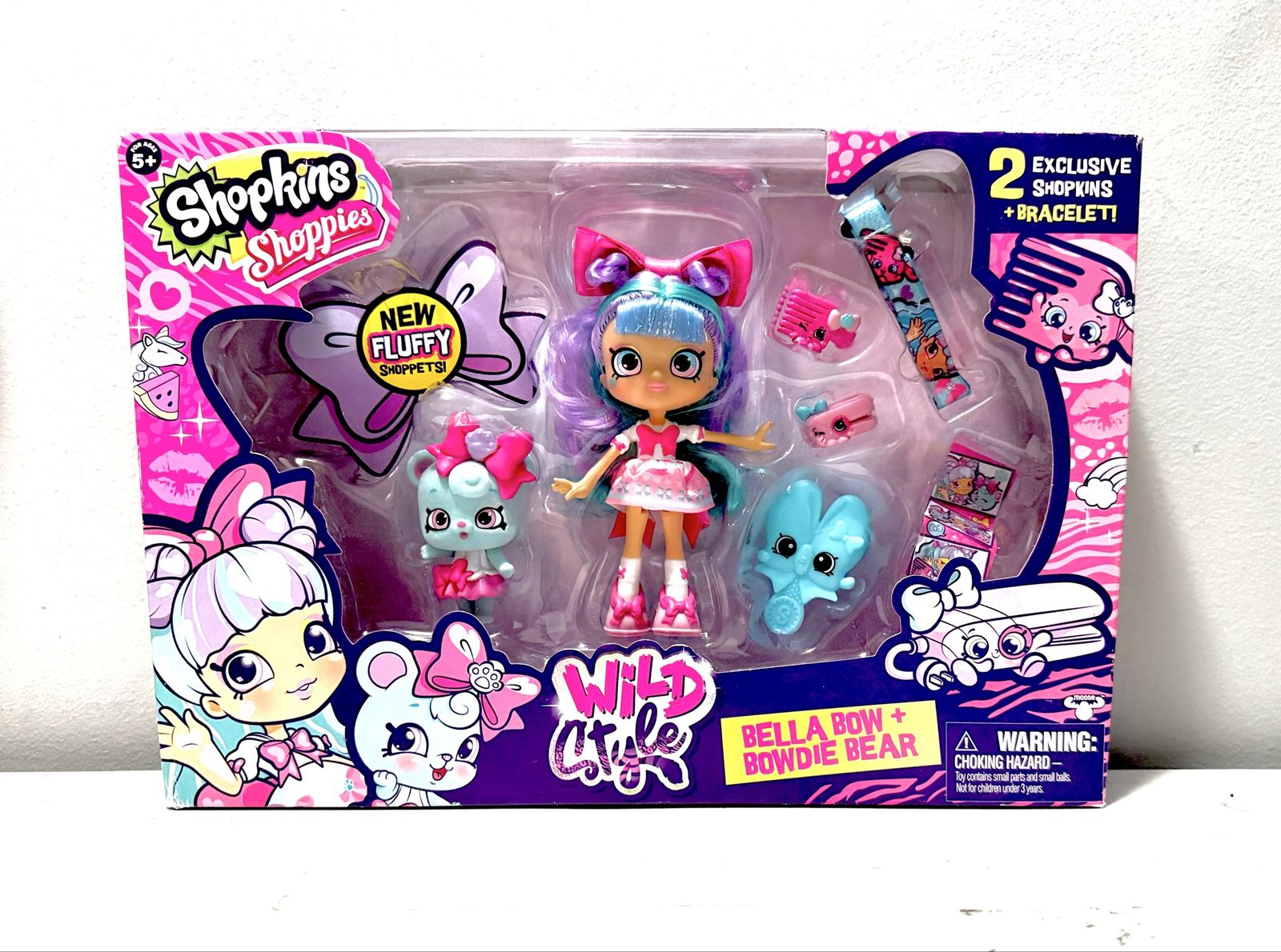 Shopkins Shoppies Wild Style Bella Bow & Bowdie Bear Doll Set New Fluffy Shoppets & Bracelet