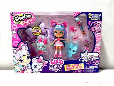 Shopkins Shoppies Wild Style Bella Bow & Bowdie Bear Doll Set New Fluffy Shoppets & Bracelet