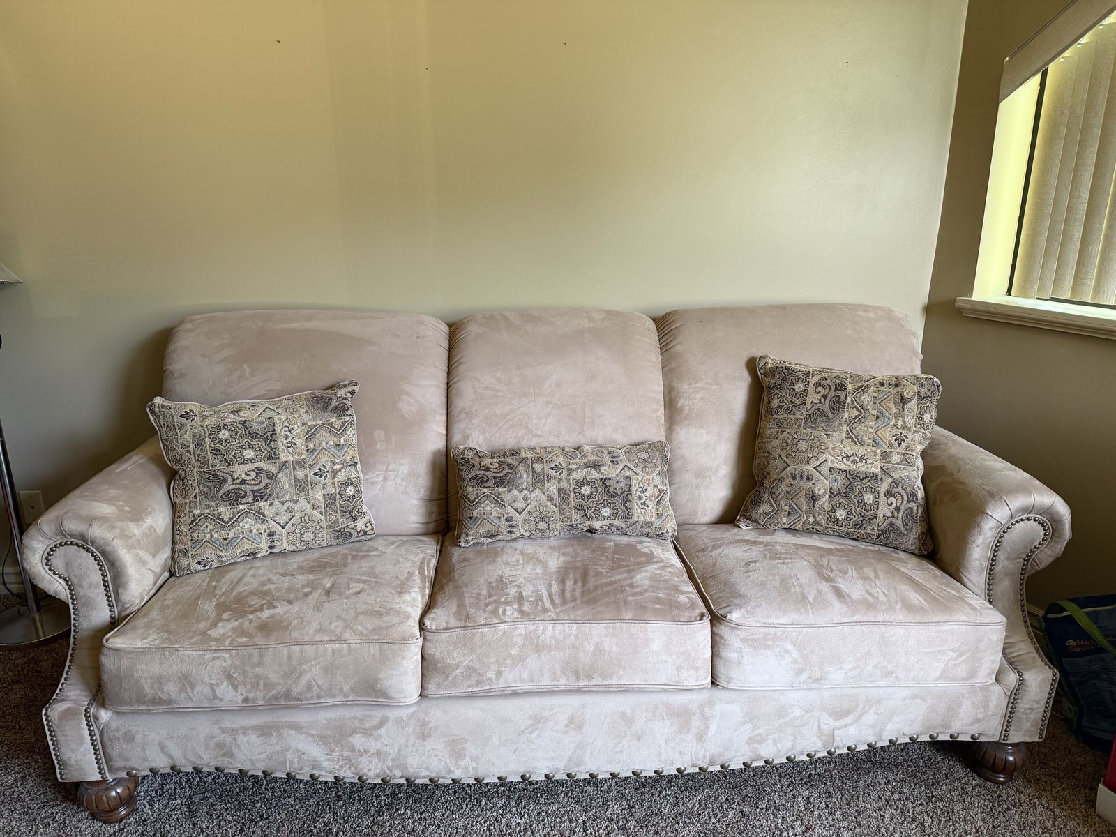 Cream Suede Fabric Sofa Couch & Armchair Set with Nailhead Trim & Decorative Pillows
