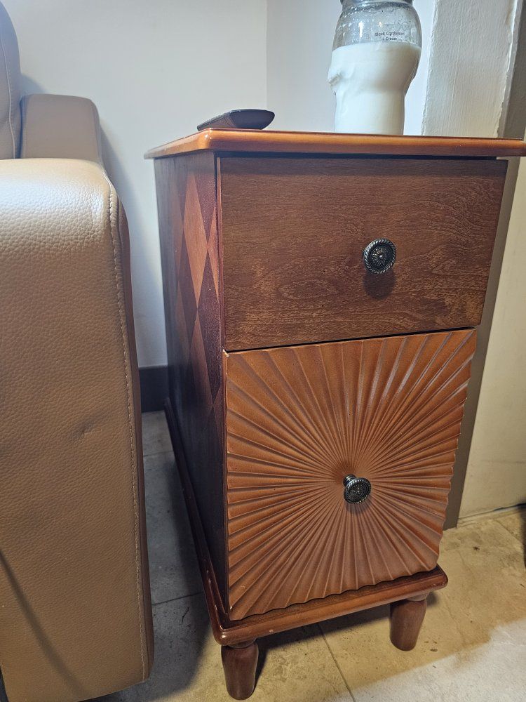 Wooden End Table / Side Table with Drawer and Cabinet, Geometric & Sunburst Design
