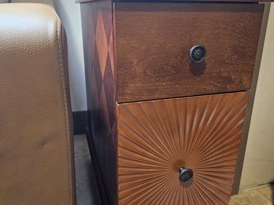 Wooden End Table / Side Table with Drawer and Cabinet, Geometric & Sunburst Design