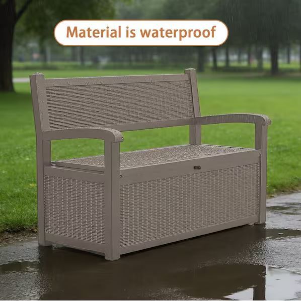 Outdoor Storage Bench 70 Gallon – Gray/Light Brown Resin Wicker Design
