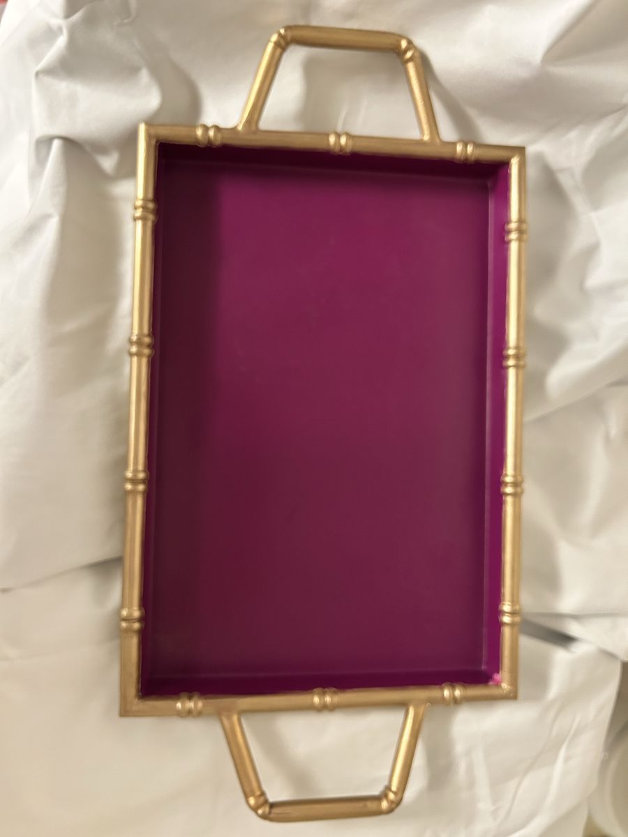 Ashland Spring Metal Tray - Gold Bamboo Design with Purple Interior - 16 x 8.5 inches