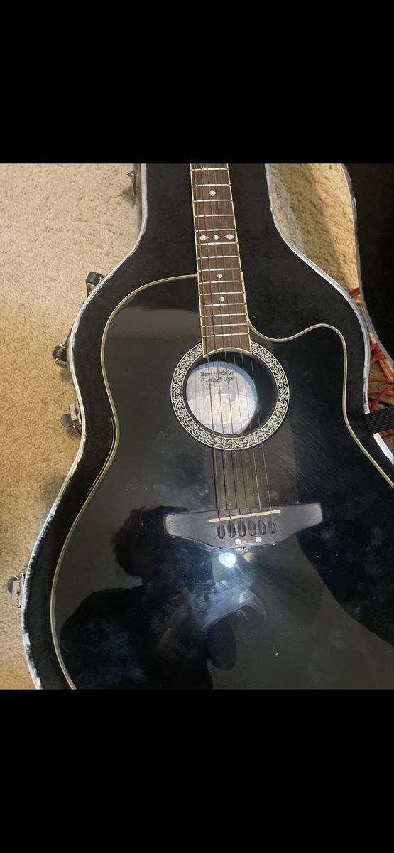 Ovation Acoustic-Electric Guitar, Black, with Hard Case, Carry Strap, And Strings
