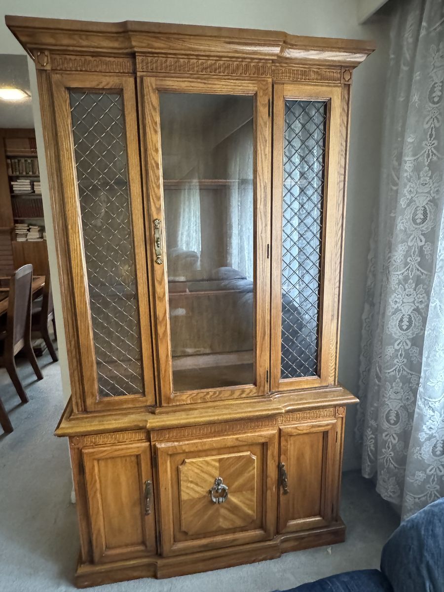 Ornate Wooden Display Cabinet with Glass Doors & Storage