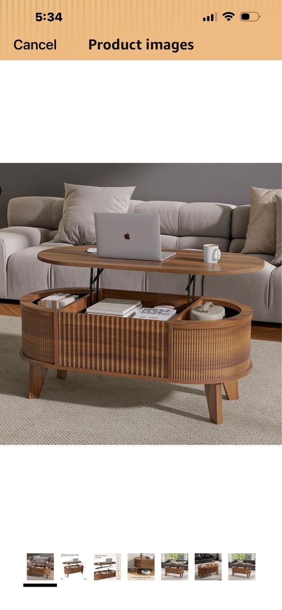 Modern Oval Lift-Top Coffee Table with Storage - Walnut Finish, 38.6"W x 18.9"D x 17"H