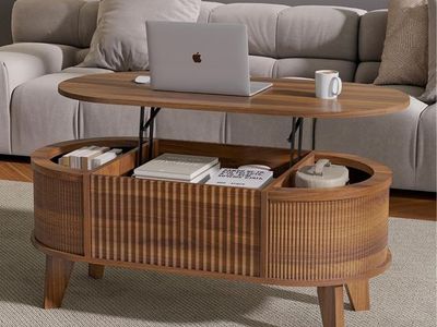 Modern Oval Lift-Top Coffee Table with Storage - Walnut Finish, 38.6"W x 18.9"D x 17"H