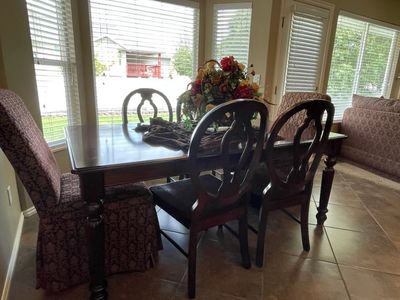 Dark Wood Dining Table Set with Upholstered Parson Chairs and Wooden Dining Chairs