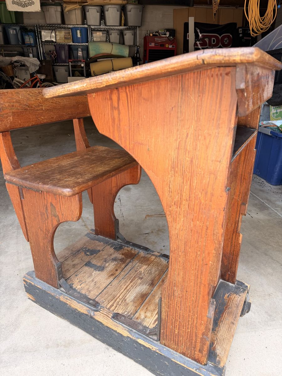 Vintage Wooden School Desk with Attached Bench Chair