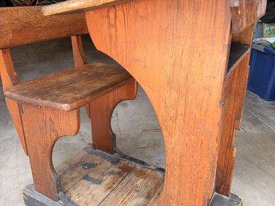 Vintage Wooden School Desk with Attached Bench Chair
