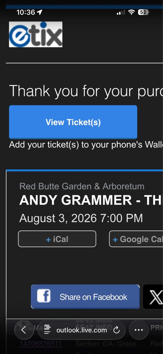 2 GA Andy Grammer Concert Tickets - Red Butte Garden - August 3, 2026