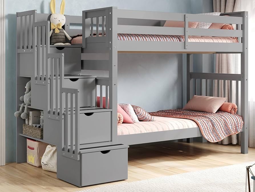 Solid Wood Twin-Over-Twin Bunk Bed with Storage
