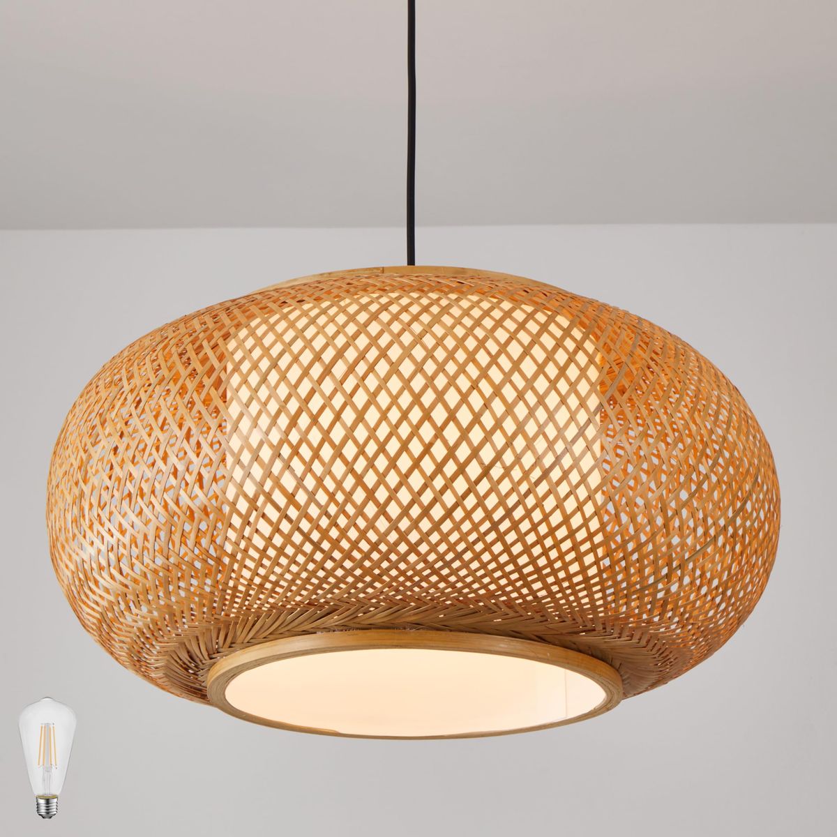 New Bamboo Pendant Light Basket Weave Hanging Light, 1 Light Elegant Rattan Chandelier