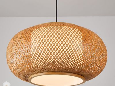 New Bamboo Pendant Light Basket Weave Hanging Light, 1 Light Elegant Rattan Chandelier