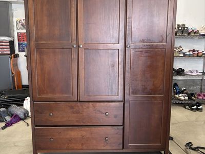 Large Dark Wood Wardrobe with 3 Doors and 2 Drawers