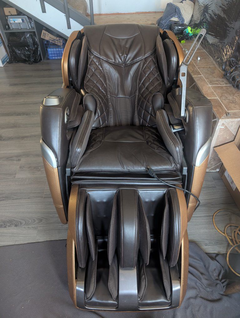 Luxurious Brown/Gold Full Body Massage Chair Zero Gravity Recline, & Foot Rollers