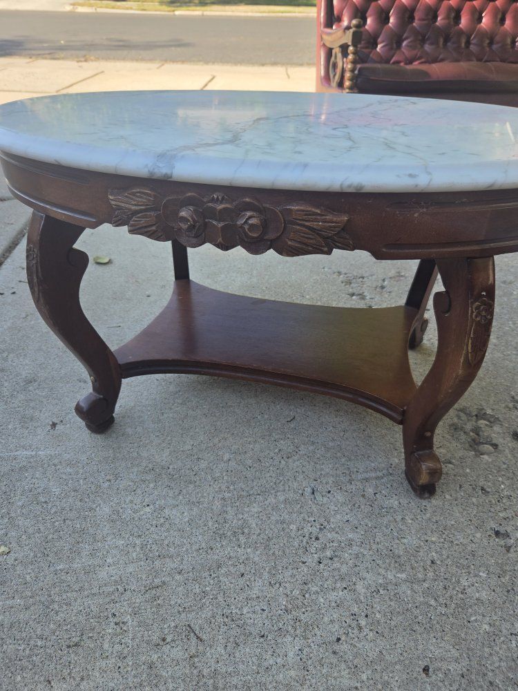 Vintage Oval Italian Marble Coffee Table with Carved Wood Accents