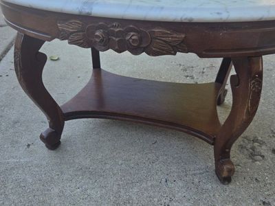 Vintage Oval Italian Marble Coffee Table with Carved Wood Accents