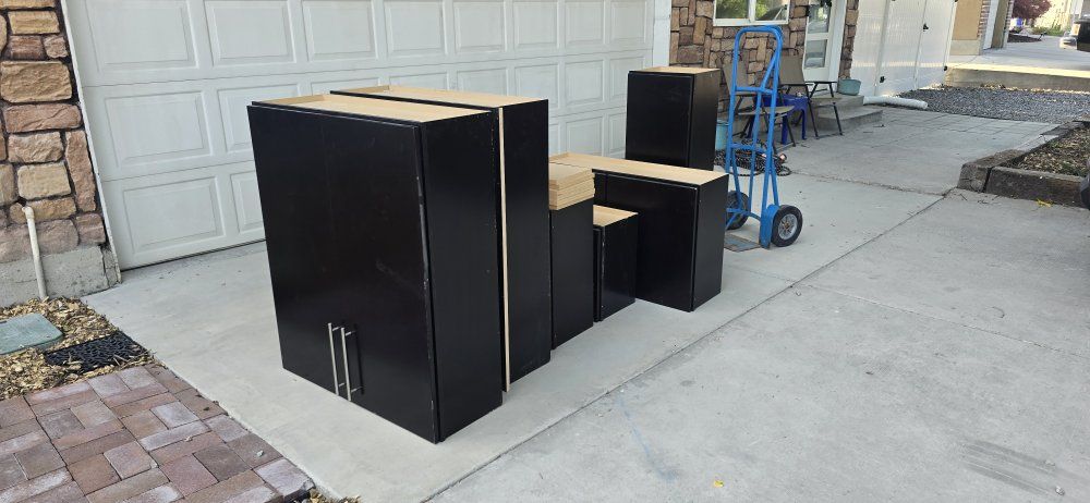 Black Wooden Wall Storage Cabinets - Set of Multiple Units with Silver Hardware
