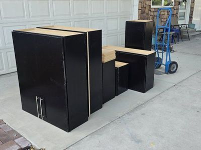 Black Wooden Wall Storage Cabinets - Set of Multiple Units with Silver Hardware