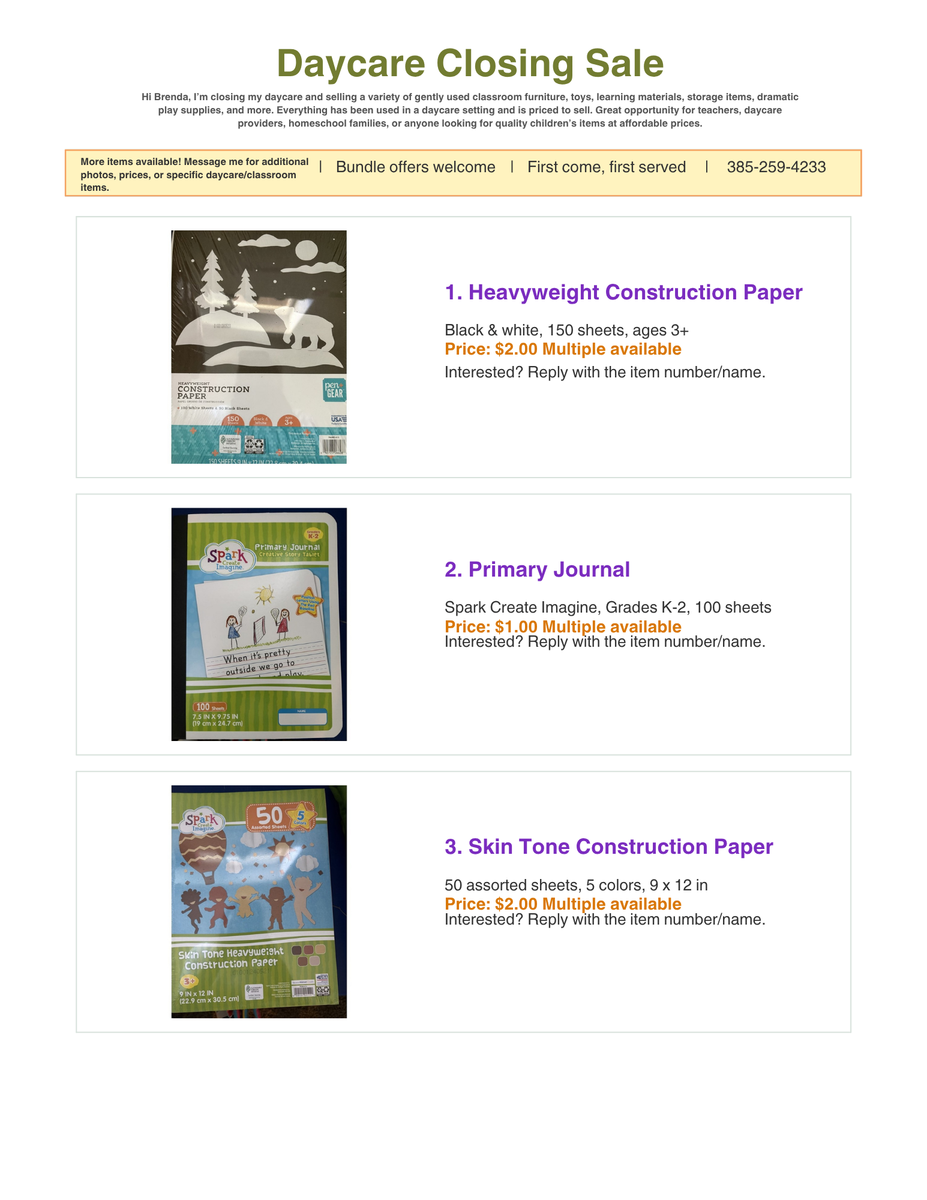 Daycare Closing Sale - Toys, Furniture & Learning Materials/¡Venta por cierre de guardería!