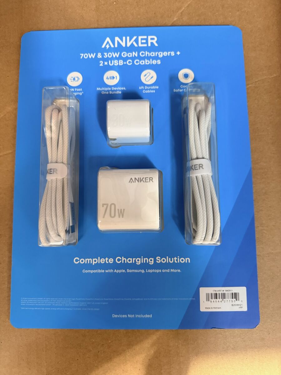 Brand new Anker 70w & 30w GaN Chargers + 2USB C Cables.