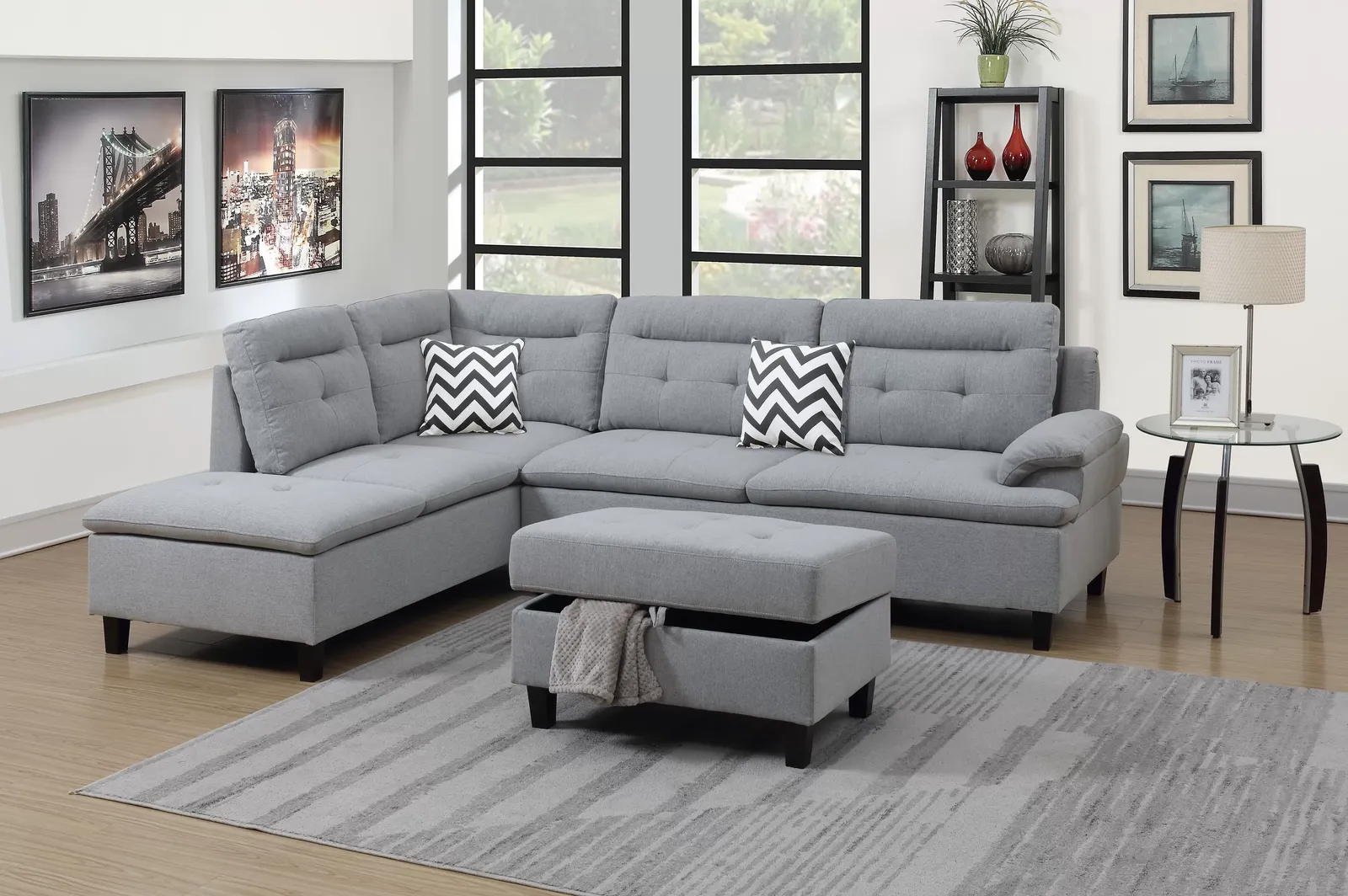 NEW Gray SECTIONAL with STORAGE OTTOMAN & PILLOWS - NEW IN BOX