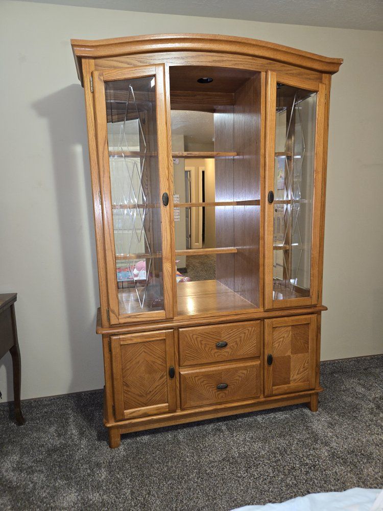 Oak Entertainment Center Hutch with Glass Display Cabinets