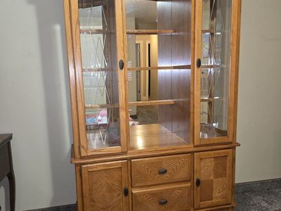 Oak Entertainment Center Hutch with Glass Display Cabinets
