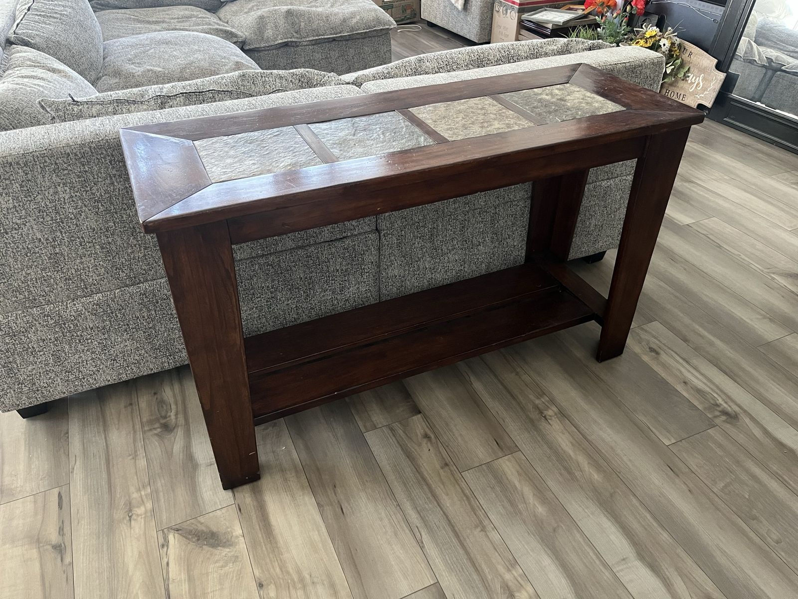 Dark Wood and Slate Tile Console Table with Lower Shelf