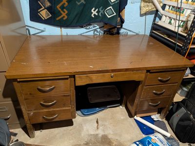 Vintage Mid-Century Wood Executive Desk - Double Pedestal Office Furniture with Pull-Out Trays