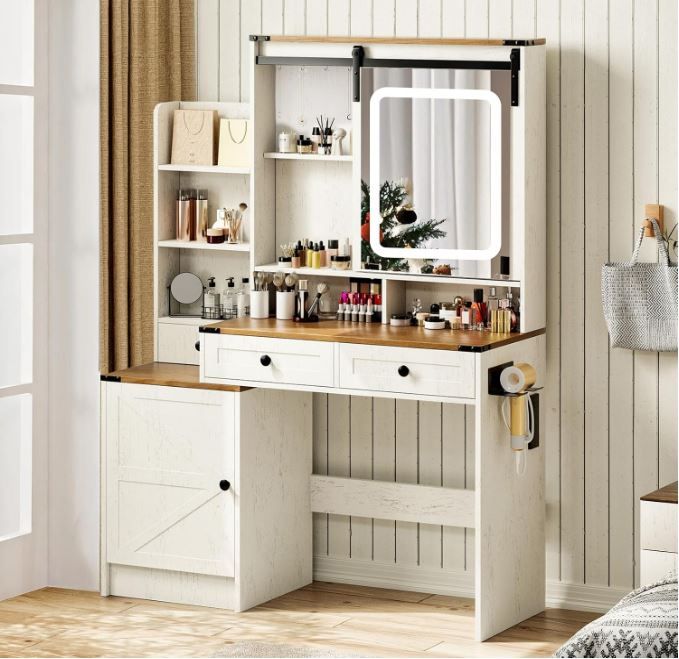 NEW & ASSEMBLED! Vanity Desk w/Adjustable LED Mirror, Drawers, 2 Outlets/2 USB Charging Station – White Oak w/Walnut Desktop