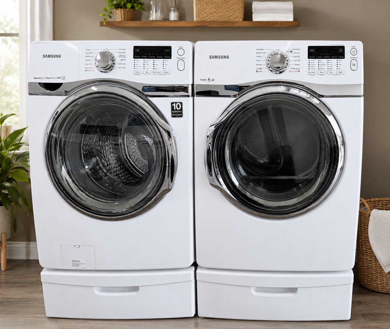 Samsung Front Load Washer & Dryer Set - White, Steam, SpeedSpray,