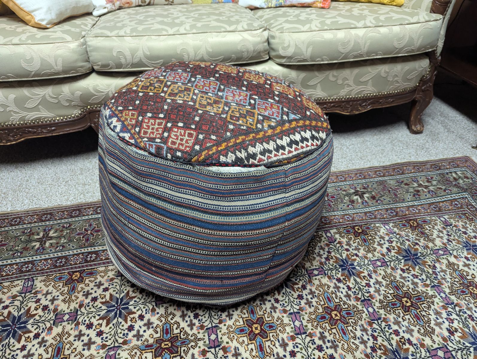 Unique Kilim Pattern Fabric Pouf Ottoman Footrest - Earth Tones & Blue Stripes