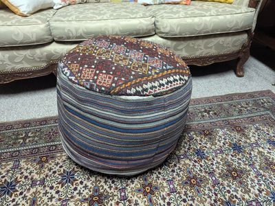 Unique Kilim Pattern Fabric Pouf Ottoman Footrest - Earth Tones & Blue Stripes