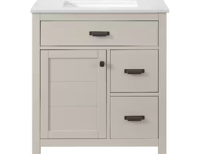 NEW Solid Wood Stanhope 31 in. Single Sink Even Better Beige Vanity w/ Crystal White Engineered Stone Top