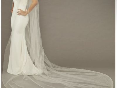 EnVogue Bridal Cathedral Veil 120"L x 108"W English Tulle w/ Dense Pearl Beads, Ivory
